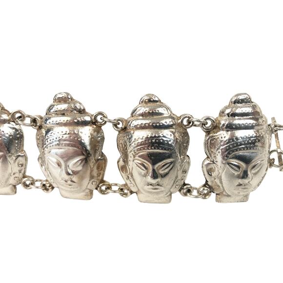 Buddha Head Wide Puff Link Sterling Silver 925 Vintage Repousse Bracelet 8" - Picture 5 of 10